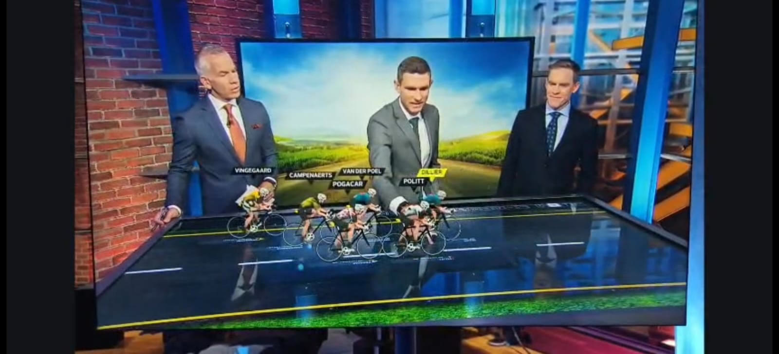 Sandbox AR table on NBC Sports — 3D Tour de France peloton with rider names (Vingegaard, Pogačar, Van der Poel)